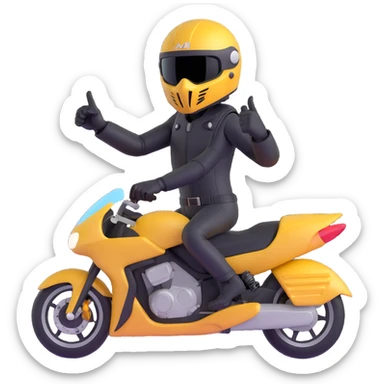 A motorcyclist in a black helmet with a golden visor flipping the bird sticker