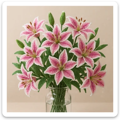 twelve french beaded pink stargazer lilies arranged in a transparent vase, sparkling beads, pink flowers with white accents, green leaves, delicate craftsmanship, soft background sticker