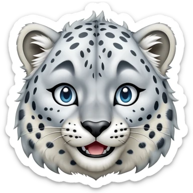 Cinematic-Comical-Snow-Leopard-Portrait-Emoji – Head tilted dramatically with an exaggeratedly amused expression, featuring a thick, spotted white-and-grey coat with a dense ruff around the neck, wide, piercing icy blue eyes filled with playful disbelief. sticker