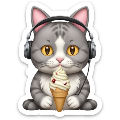 Sad cat with headphones eating ice cream  sticker