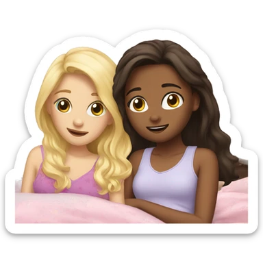 Blonde girl and brunette girl in bed at sleepover sticker