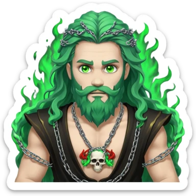 hades greek god with green flames and beard with chains on his arms and neck, Long wavy hair. He has some skull accessories Dynamic pose sticker