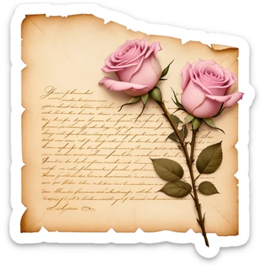 An antique handwritten letter with dried light pink roses and a golden wax seal, vintage aesthetic. sticker