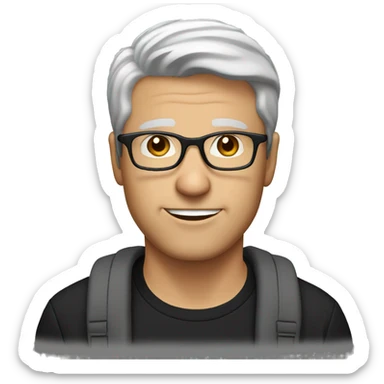 white man with short brown-gray hair, brown eyes, and glasses wearing a black t-shirt sticker