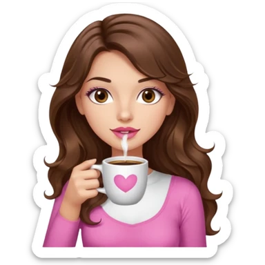 girl with long wavy brown hair, brown eyes, light to medium complexion, in a pink sexy top, pink lips, long lashes sipping coffee sticker