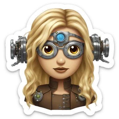 Brown long hair with blonde steaks female cyborg head, fair skin, steampunk goggles and circuits sticker