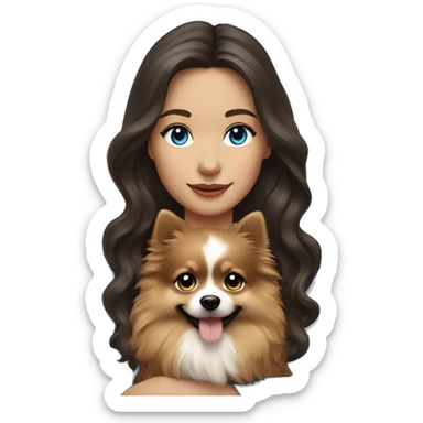brunette long wavy hair girl blue eyes holding a Pomeranian sticker