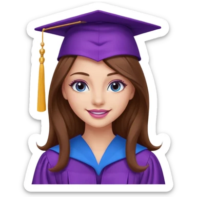 girl with gorgeous long brown hair, blue eyes, long lashes makeup, sexy pink lips, wearing a purple graduation cap and gown sticker