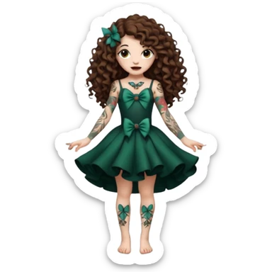 full body view of a woman with long curly brown hair, brown eyes, white skin, tattoos, playful bow like a dark forest performer sticker