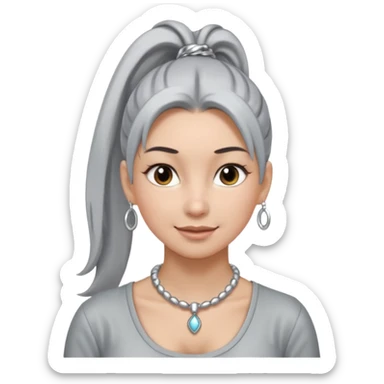 Female with very long + big Silver Necklace, grey skin,ponytail hair, more bright silver,highlight necklace, different expressions. sticker