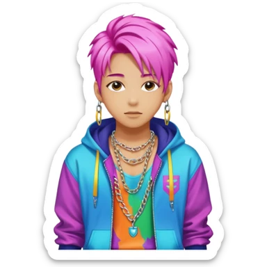 portrait of young idol in Kpop style, wearing flashy streetwear outfit, colorful dyed hair, confident pose, accessorized with chains  sticker
