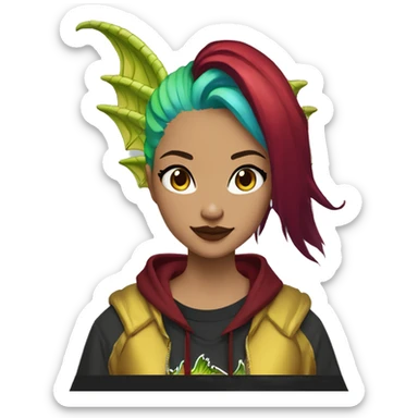 Lady with brunette and iridescent blue hair, gold, lime green dragon wings, maroon hoodie, 420, black and gold Nike t shirt, and bright red eyes sticker