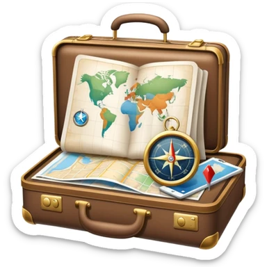 An icon featuring a suitcase, hotel building, symbolizing the scientific study of tourism and hospitality. The design includes a map, a compass, and a checklist, representing travel planning and service management. Transparent background highlights the academic exploration of the tourism industry. sticker
