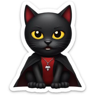 A black angry cat is sitting in a vampire costume sticker