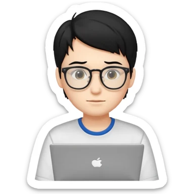 un estudiante con lentes y su laptop CON CAMISA Y CABELLO NEGRO sticker