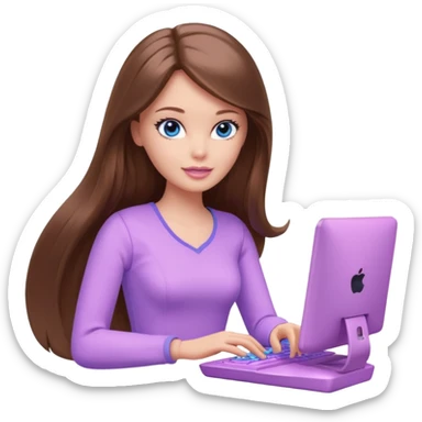 beautiful barbie girl with long brown hair, blue eyes and wearing light purple clothes playing computer games sticker