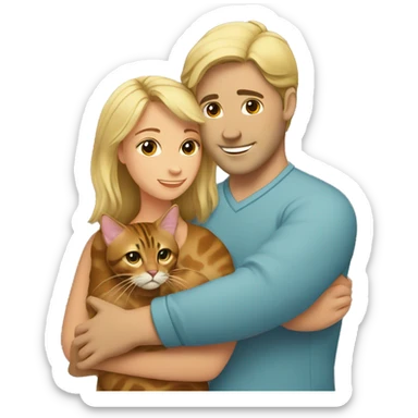 A blond man hugs a brown-haired woman and a bengal cat sticker