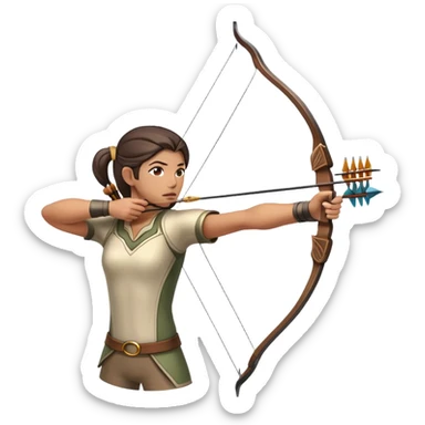 An archer drawing a bow and aiming an arrow at a target, with perfect focus and precision. The target is visible in the background, featuring concentric rings. The scene captures the concentration and skill involved in archery, emphasizing the elegance and accuracy of the sport. sticker