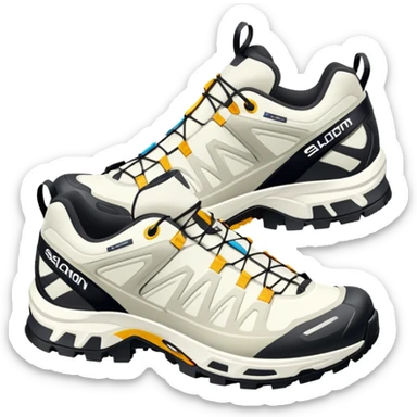Minimalist iOS-style emoji of white Salomon XT-6 Gore-Tex shoes positioned as a pair with one behind the other, simple clean lines but recognizable technical hiking shoe details sticker