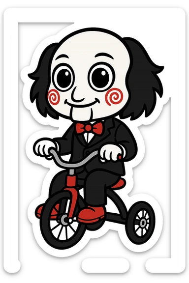 Saw puppet, simplified cartoon style, big eyes, red spirals on cheeks, black suit, red bow tie, sitting on a tricycle sticker