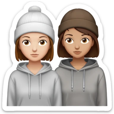 extremely short haired brunette white woman standing face to face with a very short haired brunette haired woman. Both women are wearing beanies and hoodies sticker