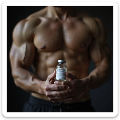 realistic photo of a serious crossfit athlete showing a vial labeled 'Oxandrolone', defined muscles, intense light, gym background sticker