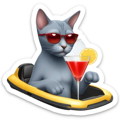 Russian blue cat wearing a red swimsuit drinking a martini and driving a Lamborghini  sticker