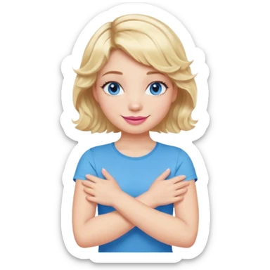 Girl Blonde short wavy hair,  blue eyes, cute blue top, long lashes, pink lips, smiling, making cross arms with arms  sticker
