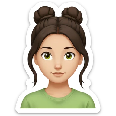 a girl with long dark brown hair with one high disheveled bun in light green t-shirt, a slight smile, dark brown eyes sticker