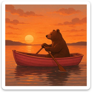 pink rowing boat with a bear rowing, sunset background sticker