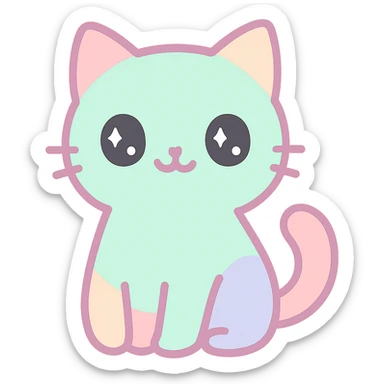 {
  "style_description": {
    "overall_look": "Cute, minimal, and soft with a friendly and playful tone",
    "material_simulation": {
      "primary_material": "flat digital color",
      "texture_detail": "smooth surfaces with no texture or shading",
      "pattern": "none or very simple decorative accents (e.g., hearts, stars)"
    },
    "geometry": {
      "edge_style": "rounded, soft curves with no sharp angles",
      "dimensionality": "flat two-dimensional appearance with simple shapes"
    },
    "color_palette": {
      "scheme": "pastel and light tones",
      "preferred_colors": ["pink", "mint", "lavender", "baby blue", "peach"],
      "contrast": "low contrast with bright accents"
    },
    "facial_features": {
      "eyes": "large, sparkly, often oval or circular",
      "mouth": "small, often a simple curve or dot",
      "expression": "joyful, innocent, or calm"
    },
    "lighting": {
      "type": "none or implied with soft highlights",
      "purpose": "maintain a clean and cheerful look"
    },
    "render_constraints": {
      "avoid": ["realistic shading", "high detail", "dark themes", "texture noise"],
      "focus_on": ["cute expression", "iconic simplicity", "emotional warmth"]
    },
    "background": {
      "color": "white or soft pastel",
      "style": "plain or patterned with simple icons (e.g., polka dots, stars)",
      "lighting_consistency": "no shadows, evenly lit feel"
    }
  }
}

{subject} = cat sticker