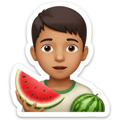 a watermelon with a indian 13 yearold boy who is a little fat eating it sticker