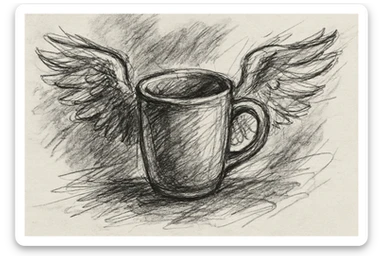 a cup with wings, pencil sketch style, loose lines, sketchbook page sticker