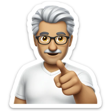 turkish man with glasses and grey hair in a white t-shirt pointing a finger gun sticker