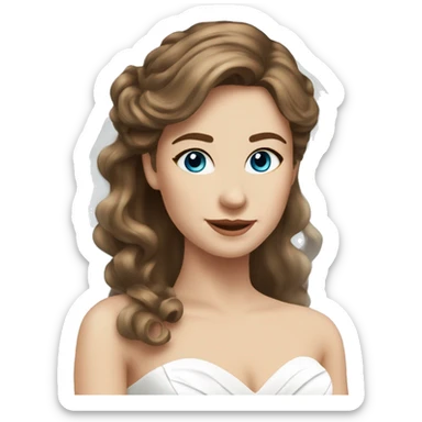 White woman white brown hair hairlights in wedding dress with blue sticker