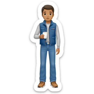 full body man with plain puffy vest with no pockets over long sleeved shirt wearing straight levi boot cut levi blue jeans with no cuffs and tennis shoes holding coffee mug in his hand sticker