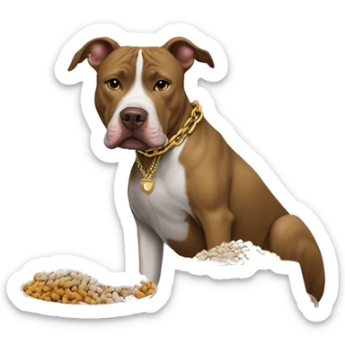 A dog pitbull with a big gold chain on that says “G-UNIT” and a bowl of dog food right next to the dog that says “G-UNIT” on the bowl  sticker