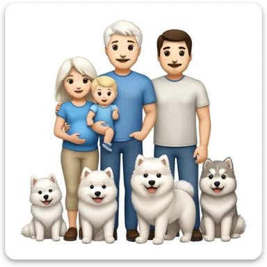 A family portrait in Apple iOS emoji style, featuring a dad, a mom, a 2-year-old baby boy, a fluffy white Samoyed dog, and a large Alaskan Malamute. All characters are smiling and standing close together in a warm, happy scene. sticker