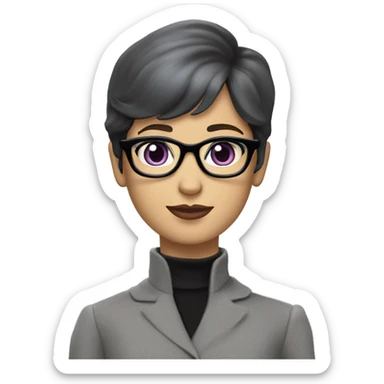 Full torso of Tv show young Diana Prince wearing grey suit with silk voile  purple turtleneck and black eyeglasses  sticker