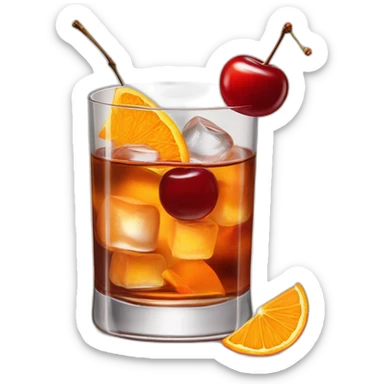 Short old fashioned glass, whiskey cocktail cherry, ice cubes, singular orange peel twist sticker