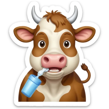 A cow brushing its teeth, looking sleepy and drowsy, portrait, bust up sticker