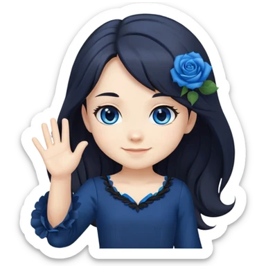 chibi girl with long dark hair, blue rose in hair, blue eyes, black dress, friendly smile, waving sticker
