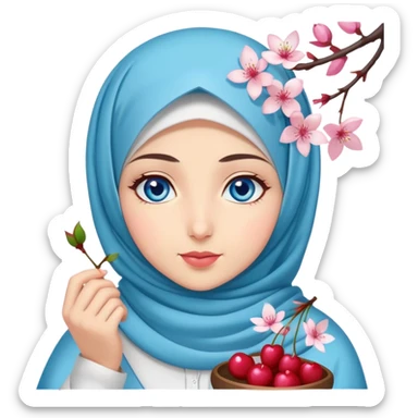 Turkish beautiful finish Konya girl blue eyes with hijab islamic dress and had on her hand cherry blossom sticker