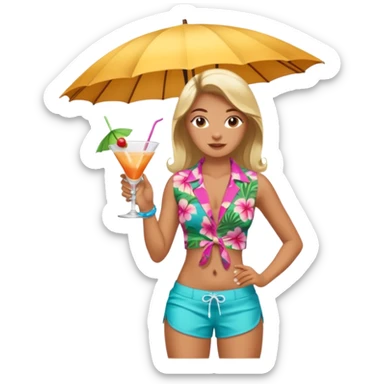 human female Unbuttoned Hawaiian shirt, swim trunks, shaking a cocktail shaker  sticker