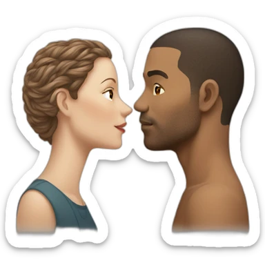 A mixed race man with very little hair kissing a white woman with brown hair sticker