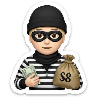 A emoji of a person wearing a black and white robber outfit and a black winter hat and a black mask and a Money Bag sticker