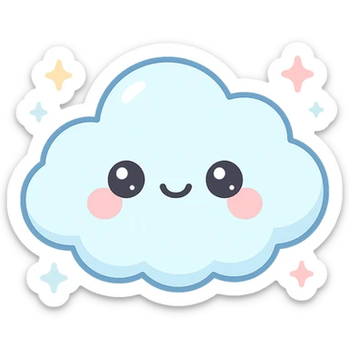 chibi cloud character, soft and puffy, round and cute, smiling with blushing cheeks, pastel sky blue color, sparkles around, gentle lighting, kawaii vector sticker design sticker