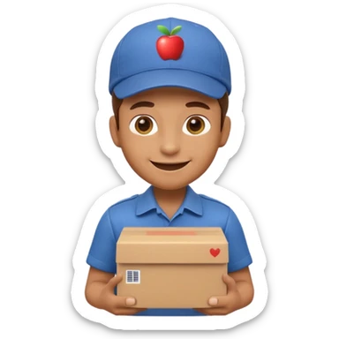 3D Apple-style emoji of a delivery worker holding a cardboard package. Wearing a cap and uniform shirt, smiling expression. Rounded, glossy, smooth, soft shadows, white background.




 sticker