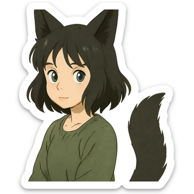 a girl with black fox ears and a tail, green eyes, dark hair sticker