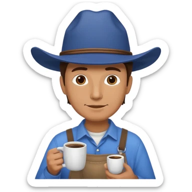 Ranch hand with blue hat and coffee mug sticker